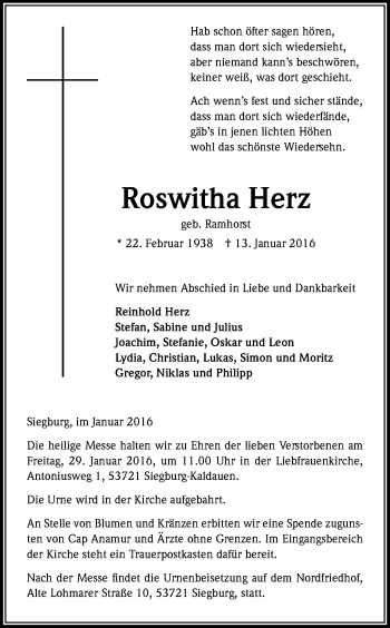 Anzeige von Roswitha Herz von Kölner Stadt-Anzeiger / Kölnische Rundschau / Express