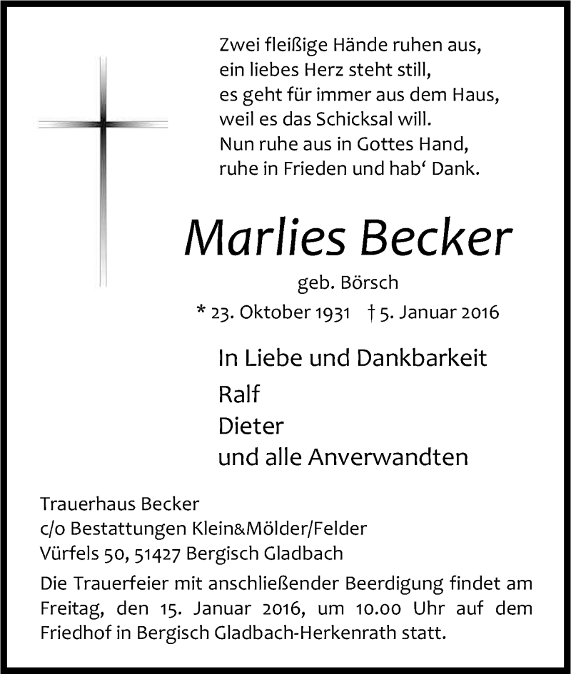  Traueranzeige für Marlies Becker vom 12.01.2016 aus Kölner Stadt-Anzeiger / Kölnische Rundschau / Express