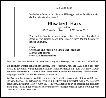 Anzeige von Elisabeth Harz von Kölner Stadt-Anzeiger / Kölnische Rundschau / Express