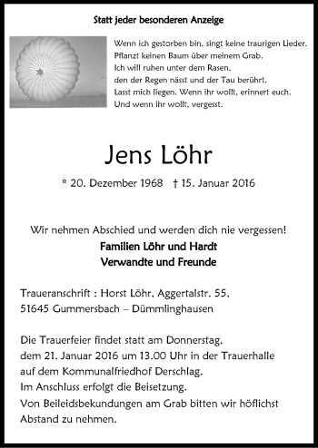 Anzeige von Jens Löhr von  Anzeigen Echo 