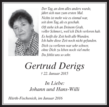 Anzeige von Gertrud Derigs von  Wochenende 