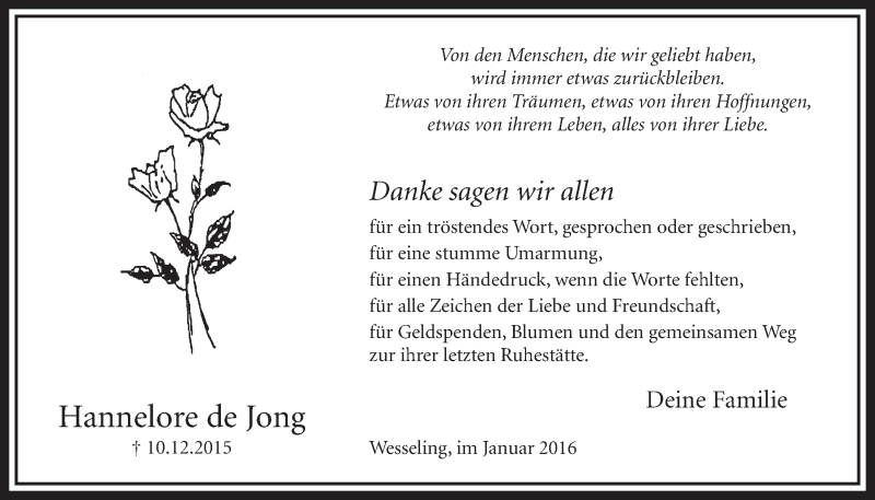  Traueranzeige für Hannelore de Jong vom 27.01.2016 aus  Schlossbote/Werbekurier 