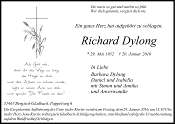 Anzeige von Richard Dylong von Kölner Stadt-Anzeiger / Kölnische Rundschau / Express