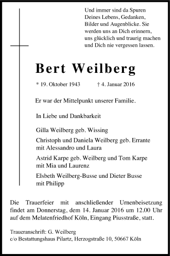 Anzeige von Bert Weilberg von Kölner Stadt-Anzeiger / Kölnische Rundschau / Express