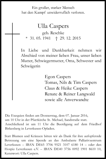 Anzeige von Ulla Caspers von Kölner Stadt-Anzeiger / Kölnische Rundschau / Express