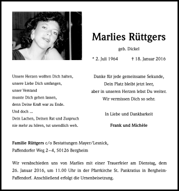 Anzeige von Marlies Rüttgers von Kölner Stadt-Anzeiger / Kölnische Rundschau / Express
