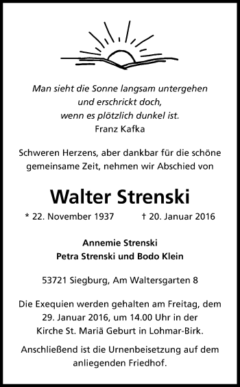 Anzeige von Walter Strenski von Kölner Stadt-Anzeiger / Kölnische Rundschau / Express