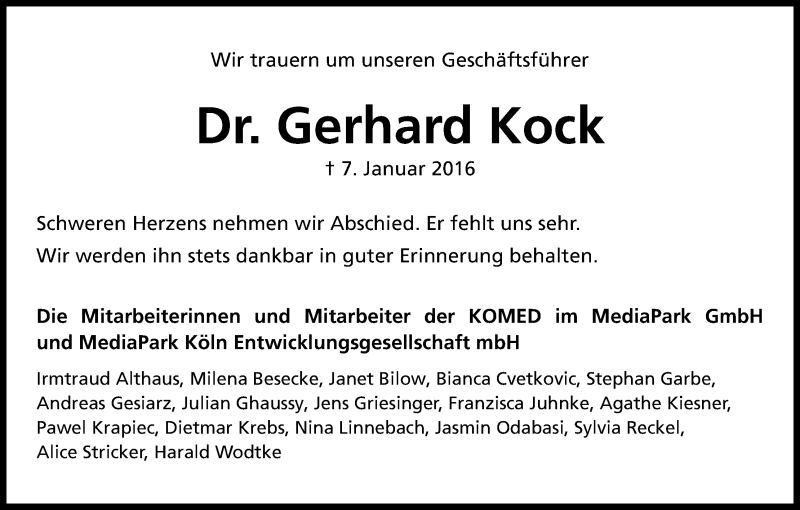  Traueranzeige für Gerhard  Kock vom 13.01.2016 aus Kölner Stadt-Anzeiger / Kölnische Rundschau / Express