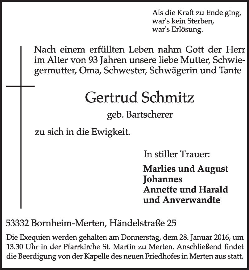  Traueranzeige für Gertrud Schmitz vom 27.01.2016 aus  Schlossbote/Werbekurier 