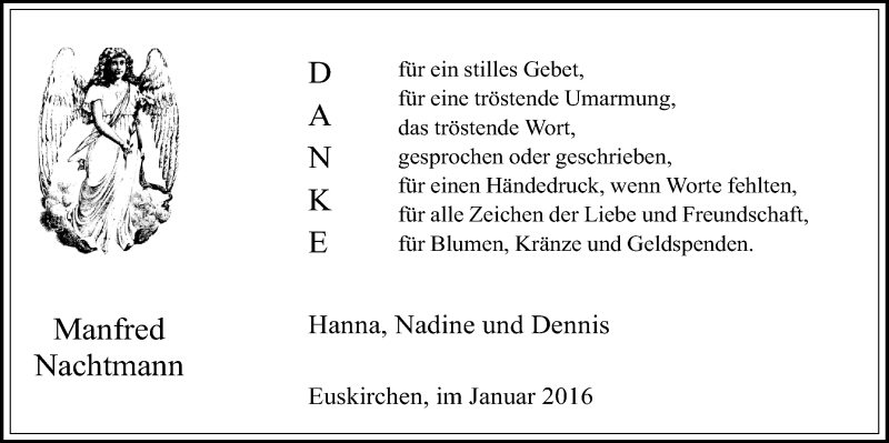  Traueranzeige für Manfred Nachtmann vom 17.01.2016 aus  Blickpunkt Euskirchen 