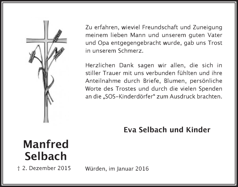  Traueranzeige für Manfred Selbach vom 06.01.2016 aus  Anzeigen Echo 