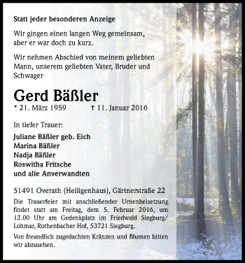 Anzeige von Gerd Bäßler von Kölner Stadt-Anzeiger / Kölnische Rundschau / Express