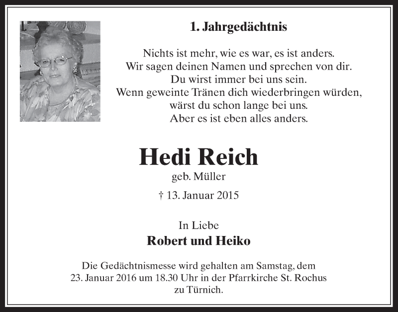  Traueranzeige für Hedi Reich vom 20.01.2016 aus  Werbepost 