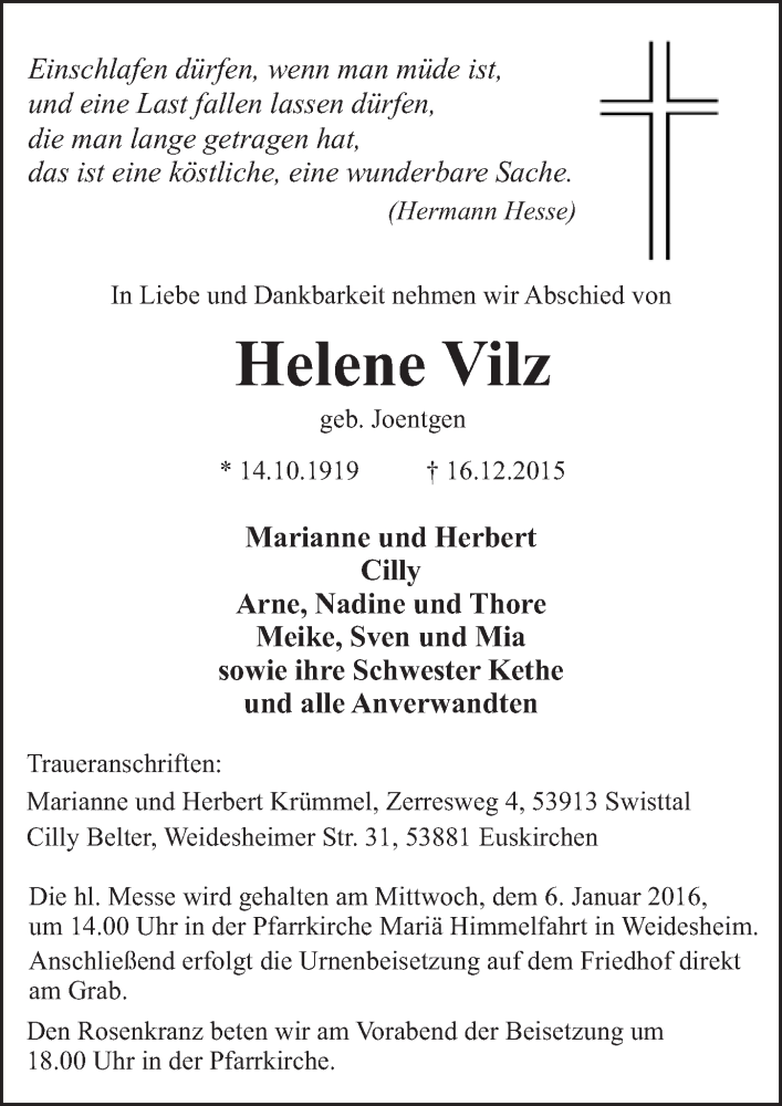 Traueranzeige für Helene Vilz vom 03.01.2016 aus  Blickpunkt Euskirchen 