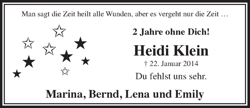 Traueranzeige für Heidi Klein vom 20.01.2016 aus  Lokalanzeiger 