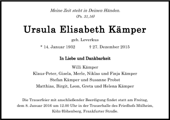 Anzeige von Ursula Elisabeth Kämper von Kölner Stadt-Anzeiger / Kölnische Rundschau / Express