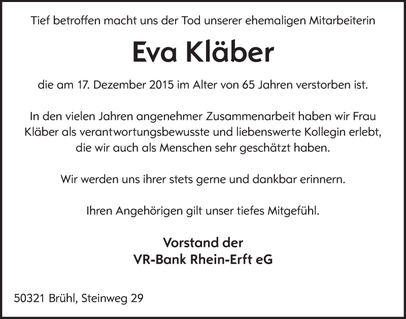  Traueranzeige für Eva Kläber vom 06.01.2016 aus  Werbepost 