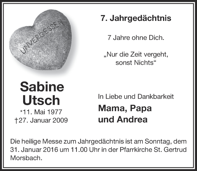  Traueranzeige für Sabine Utsch vom 27.01.2016 aus  Lokalanzeiger 