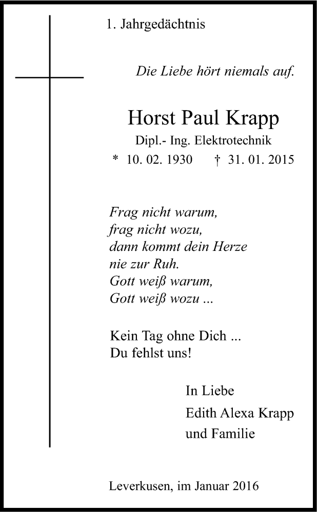  Traueranzeige für Horst Paul Krapp vom 30.01.2016 aus Kölner Stadt-Anzeiger / Kölnische Rundschau / Express
