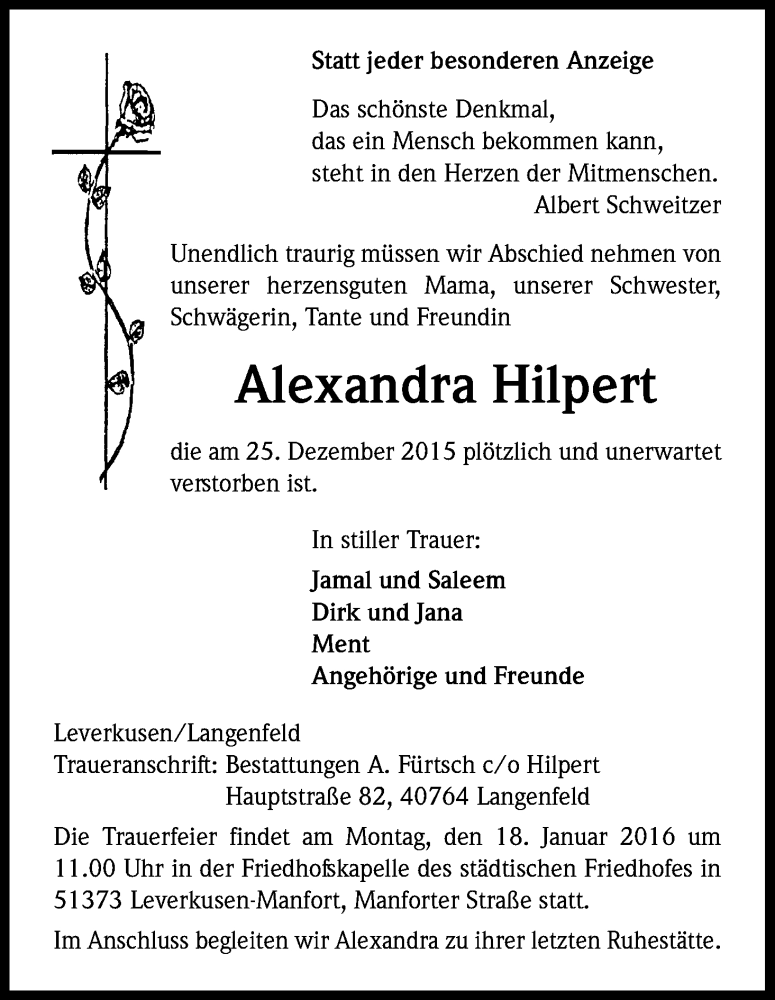  Traueranzeige für Alexandra Hilpert vom 13.01.2016 aus Kölner Stadt-Anzeiger / Kölnische Rundschau / Express