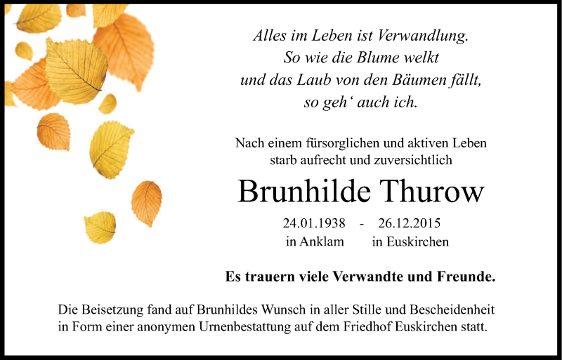  Traueranzeige für Brunhilde Thurow vom 09.01.2016 aus Kölner Stadt-Anzeiger / Kölnische Rundschau / Express
