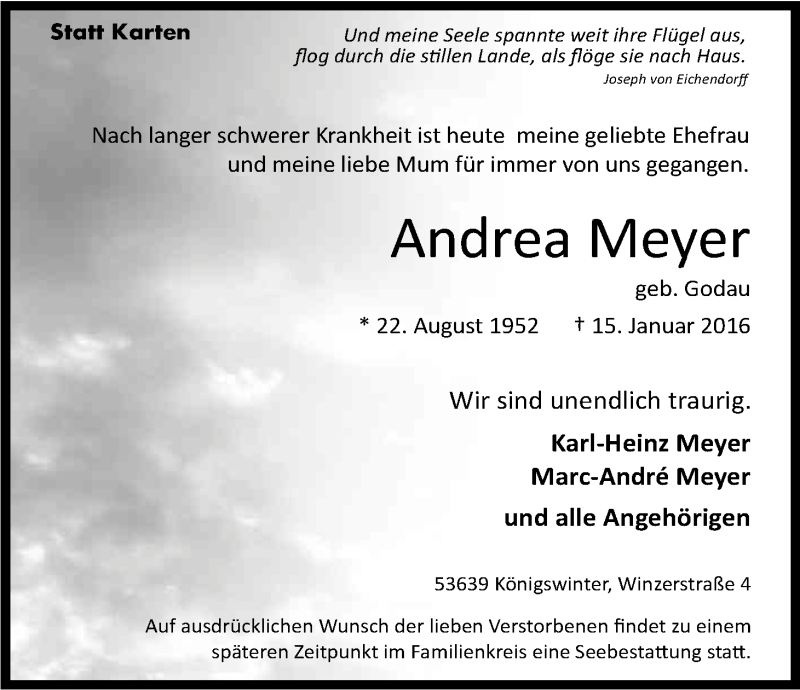  Traueranzeige für Andrea Meyer vom 18.01.2016 aus Kölner Stadt-Anzeiger / Kölnische Rundschau / Express