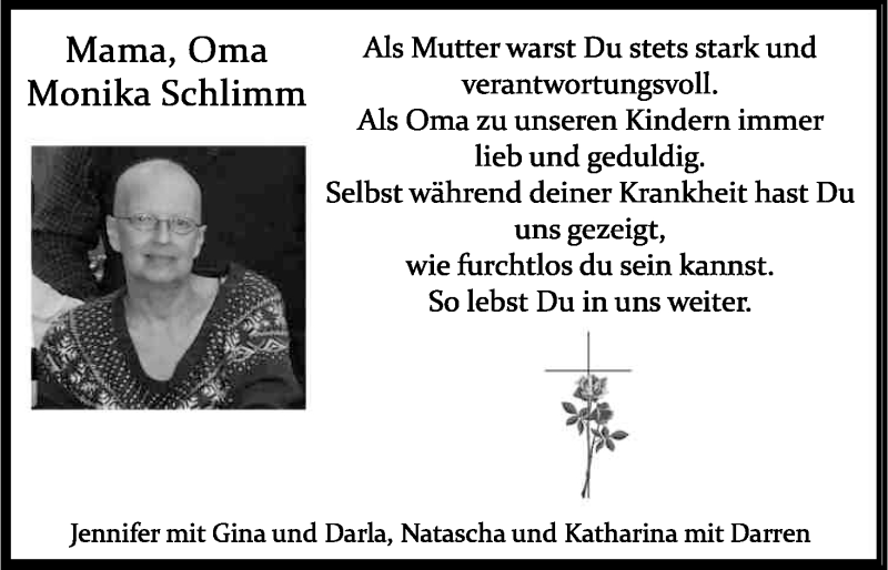  Traueranzeige für Monika Schlimm vom 23.01.2016 aus Kölner Stadt-Anzeiger / Kölnische Rundschau / Express