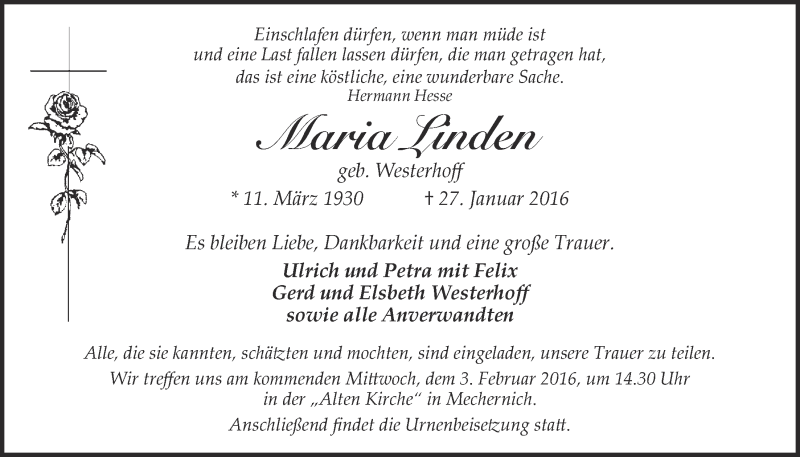  Traueranzeige für Maria Linden vom 31.01.2016 aus  Blickpunkt Euskirchen 