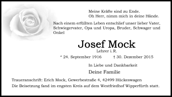 Anzeige von Josef Mock von Kölner Stadt-Anzeiger / Kölnische Rundschau / Express