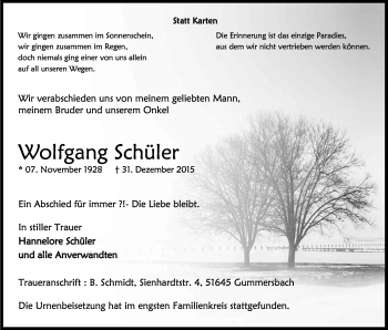 Anzeige von Wolfgang Schüler von Kölner Stadt-Anzeiger / Kölnische Rundschau / Express