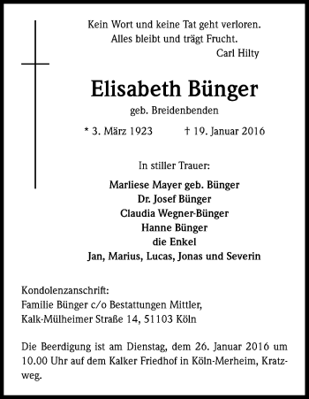 Anzeige von Elisabeth Bünger von Kölner Stadt-Anzeiger / Kölnische Rundschau / Express
