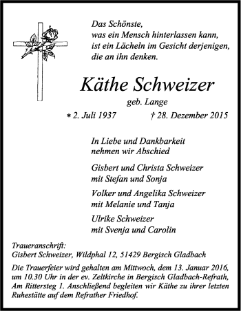 Anzeige von Käthe Schweizer von Kölner Stadt-Anzeiger / Kölnische Rundschau / Express