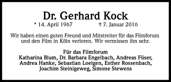 Anzeige von Gerhard  Kock von Kölner Stadt-Anzeiger / Kölnische Rundschau / Express