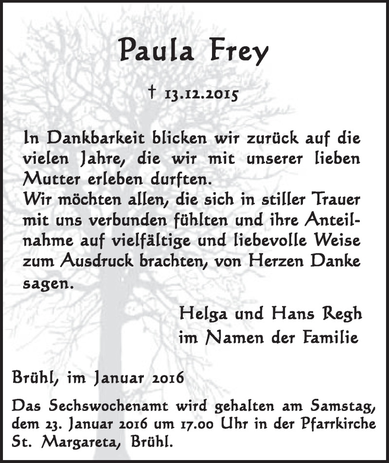  Traueranzeige für Paula Frey vom 13.01.2016 aus  Schlossbote/Werbekurier 