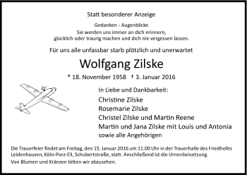 Anzeige von Wolfgang Zilske von Kölner Stadt-Anzeiger / Kölnische Rundschau / Express