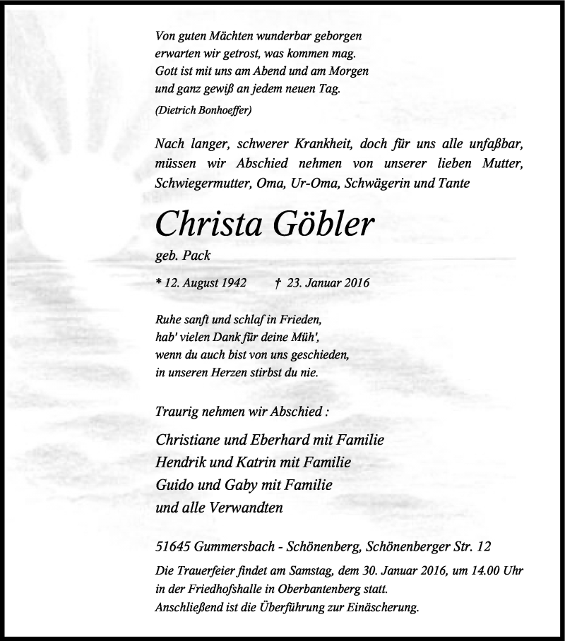  Traueranzeige für Christa Göbler vom 27.01.2016 aus Kölner Stadt-Anzeiger / Kölnische Rundschau / Express