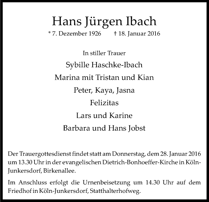  Traueranzeige für Hans Jürgen Ibach vom 23.01.2016 aus Kölner Stadt-Anzeiger / Kölnische Rundschau / Express