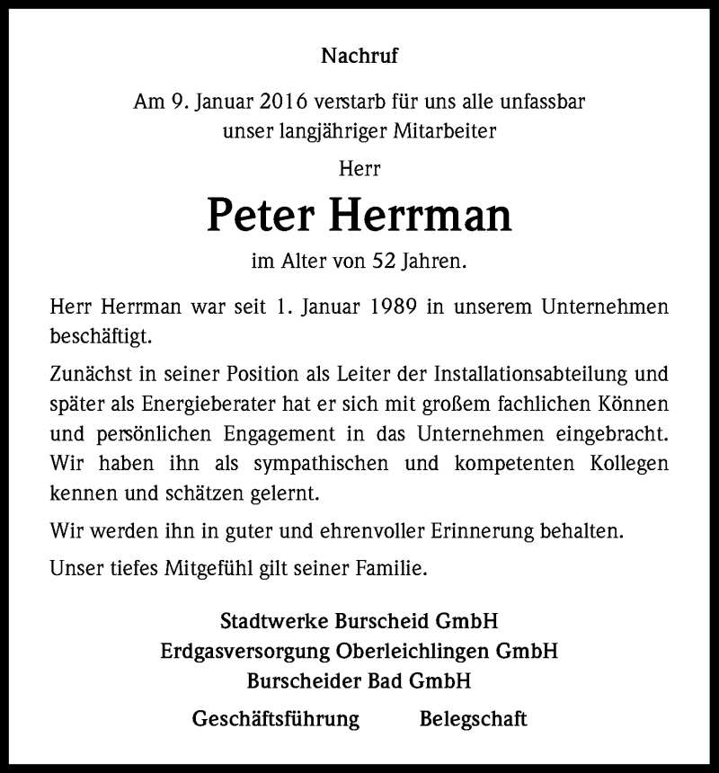  Traueranzeige für Peter Herrman vom 18.01.2016 aus Kölner Stadt-Anzeiger / Kölnische Rundschau / Express
