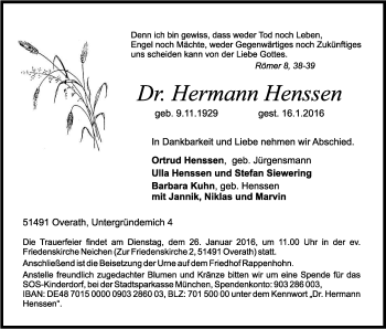 Anzeige von Hermann Hennsen von Kölner Stadt-Anzeiger / Kölnische Rundschau / Express