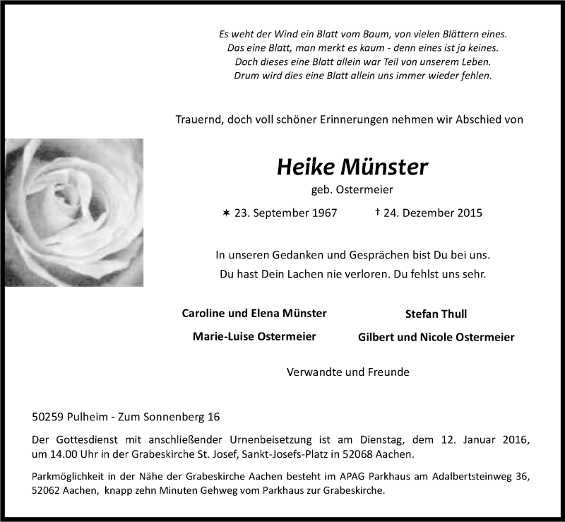  Traueranzeige für Heike Münster vom 02.01.2016 aus Kölner Stadt-Anzeiger / Kölnische Rundschau / Express