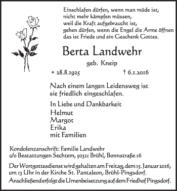 Anzeige von Berta Landwehr von  Schlossbote/Werbekurier 