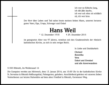 Anzeige von Hans Weil von Kölner Stadt-Anzeiger / Kölnische Rundschau / Express