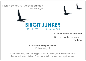 Anzeige von Birgit Junker von Kölner Stadt-Anzeiger / Kölnische Rundschau / Express