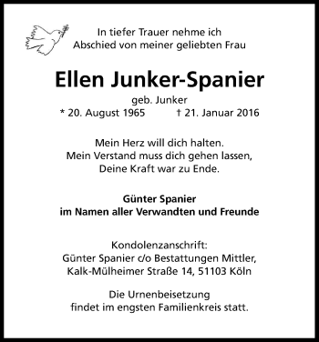 Anzeige von Ellen Junker-Spanier von Kölner Stadt-Anzeiger / Kölnische Rundschau / Express