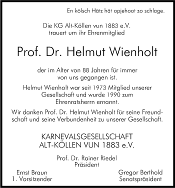 Anzeige von Helmut Wienholt von Kölner Stadt-Anzeiger / Kölnische Rundschau / Express