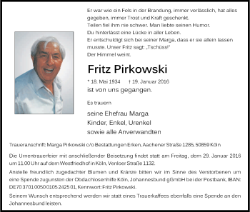 Anzeige von Fritz Pirkowski von Kölner Stadt-Anzeiger / Kölnische Rundschau / Express