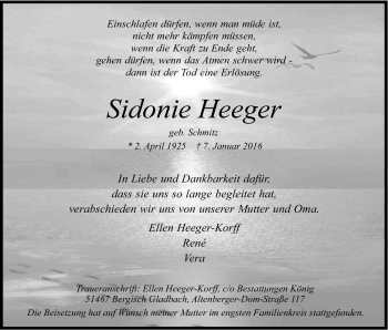 Anzeige von Sidonie Heeger von Kölner Stadt-Anzeiger / Kölnische Rundschau / Express