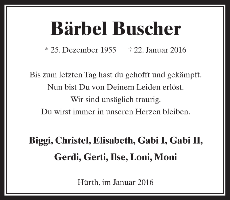  Traueranzeige für Bärbel Buscher vom 27.01.2016 aus  Wochenende 