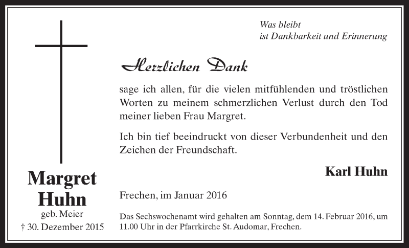  Traueranzeige für Margret Huhn vom 27.01.2016 aus  Wochenende 