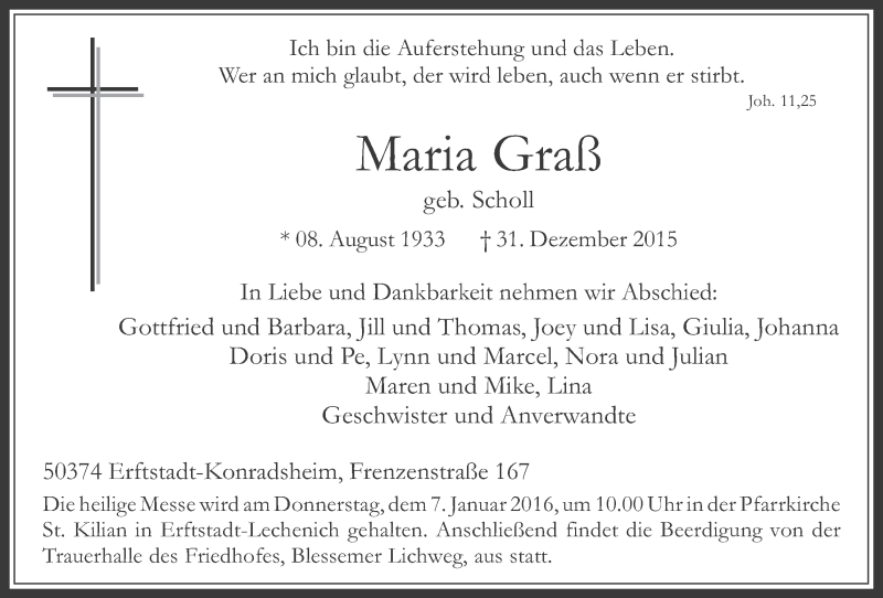  Traueranzeige für Maria Graß vom 06.01.2016 aus  Werbepost 